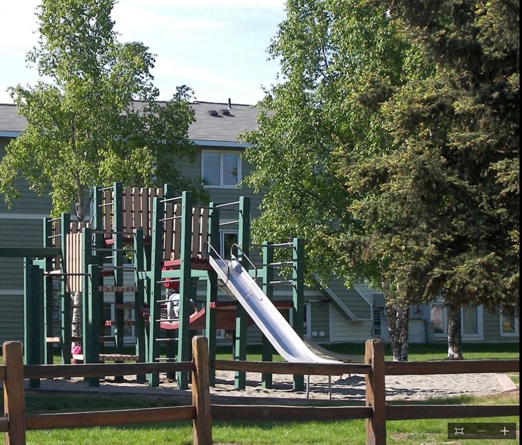 a playground with a slide in a park