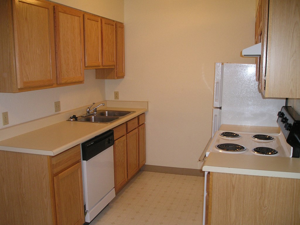 a kitchen with a sink and a stove and a refrigerator