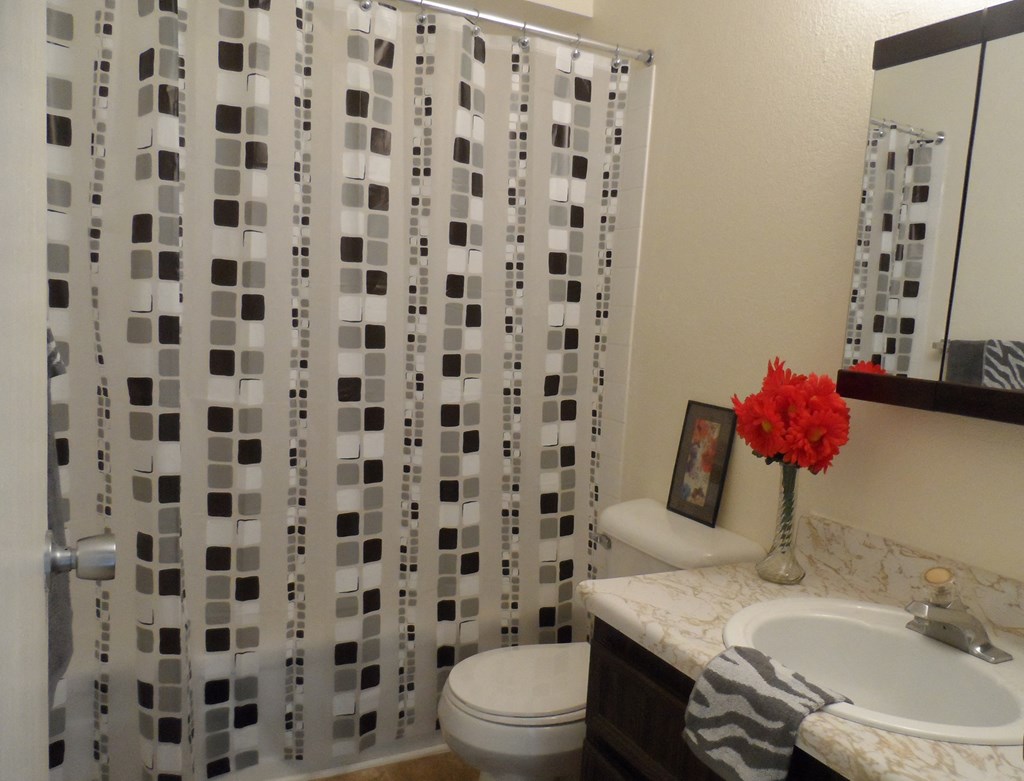 a bathroom with a shower curtain and a sink and a toilet