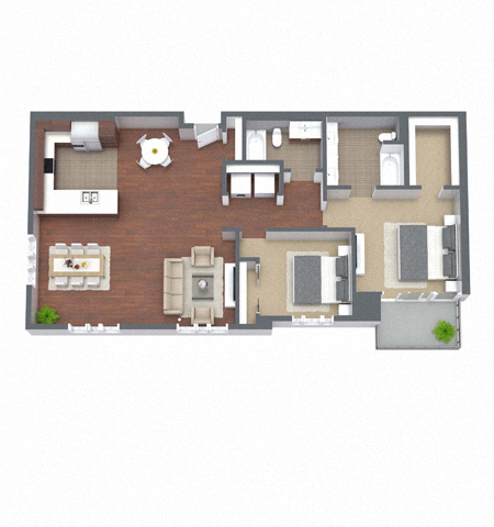 2B – 2 Bedroom 2 Bath Floor Plan Layout – 1298 Square Feet