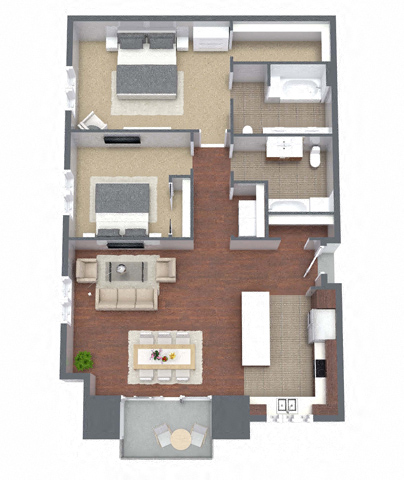 2D – 2 Bedroom 2 Bath Floor Plan Layout – 1281 Square Feet