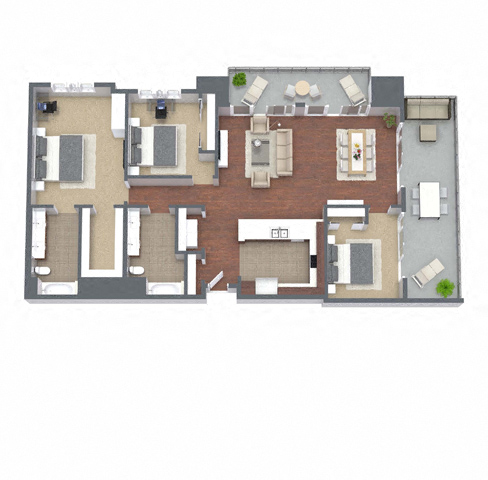 3B – 3 Bedroom 2 Bath Floor Plan Layout – 1623 Square Feet