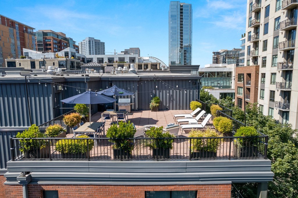 a rooftop patio with chairs and umbrellas and a city in the background