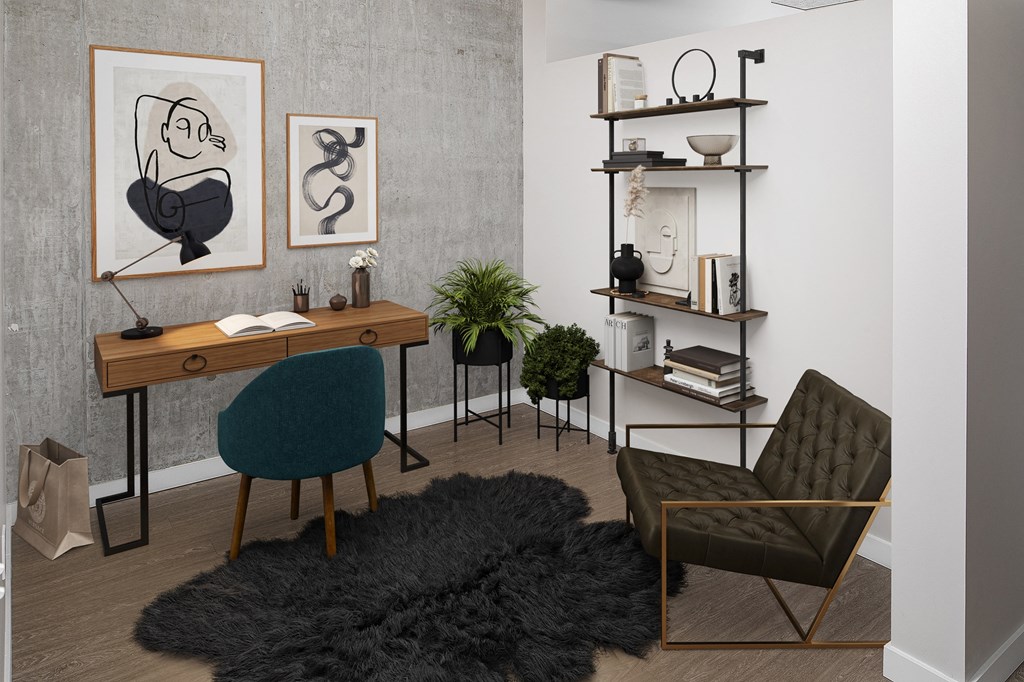 a workspace with a desk and a chair in a living room