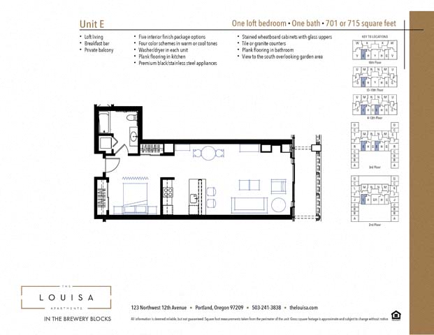Studio E Floor Plan at The Louisa Apartments in Portland, Oregon
