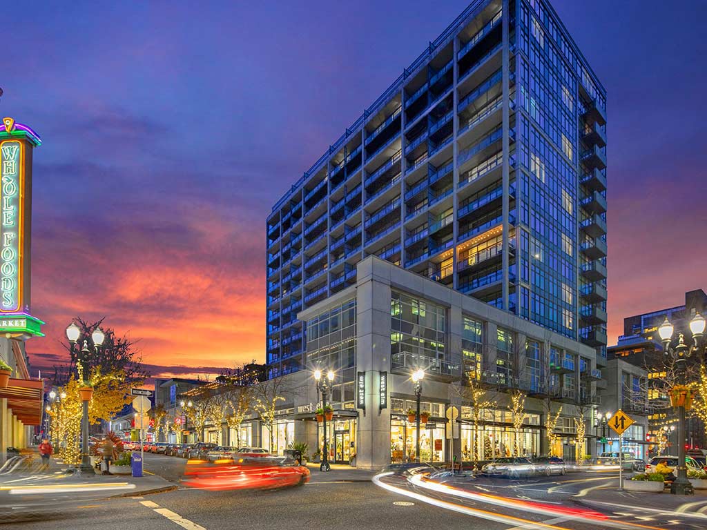 Night View of The Louisa Apartments in Portland, Oregon