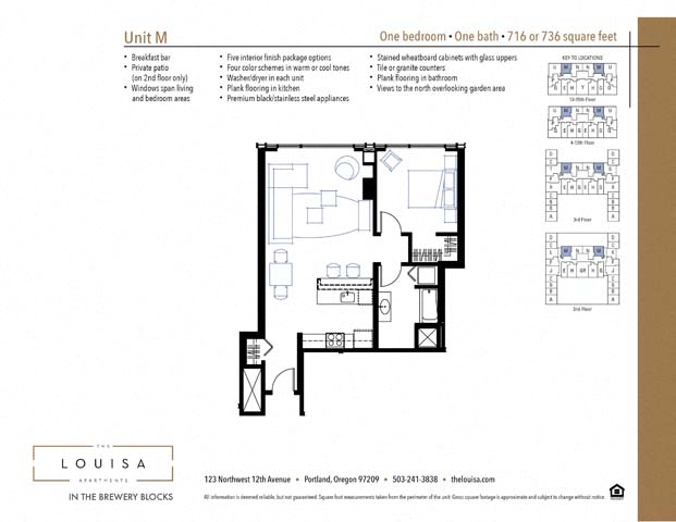 1 Bed 1 Bath (M) Floor Plan at The Louisa Apartments in Portland, Oregon