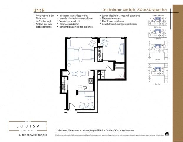 1 Bed 1 Bath (N) Floor Plan at The Louisa Apartments in Portland, Oregon