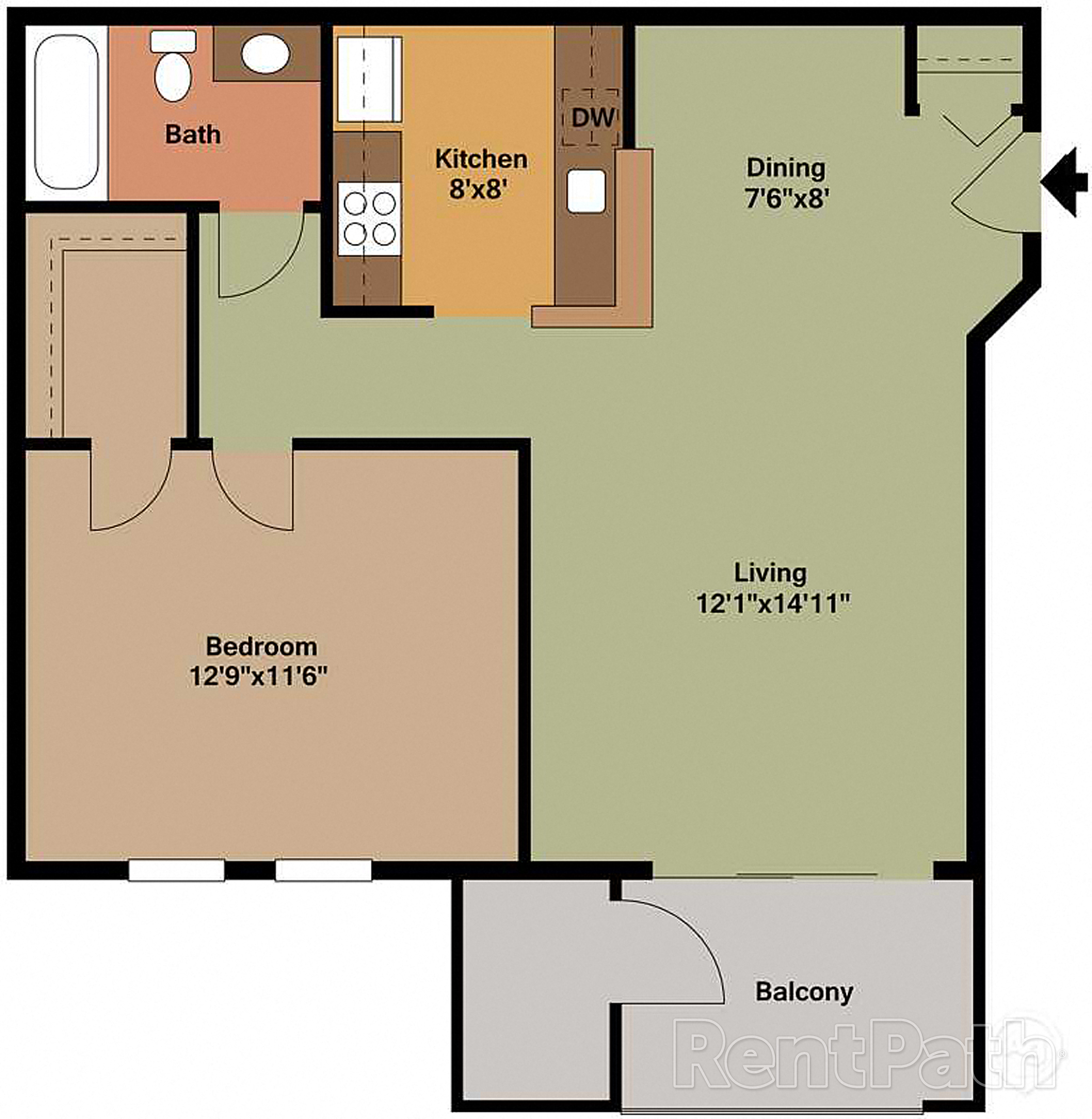 1 Bedroom 1 Bath 2D Floorplan A , Clarendon Court Apartments Arlington, VA