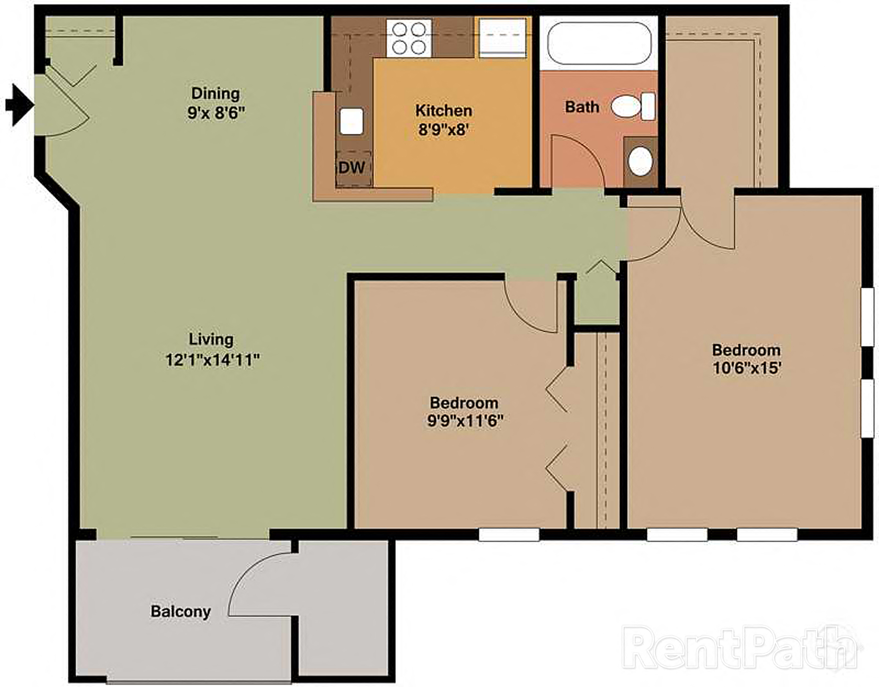 2 Bedroom 1 Bath 2D Floorplan, Clarendon Court Apartments Arlington, VA