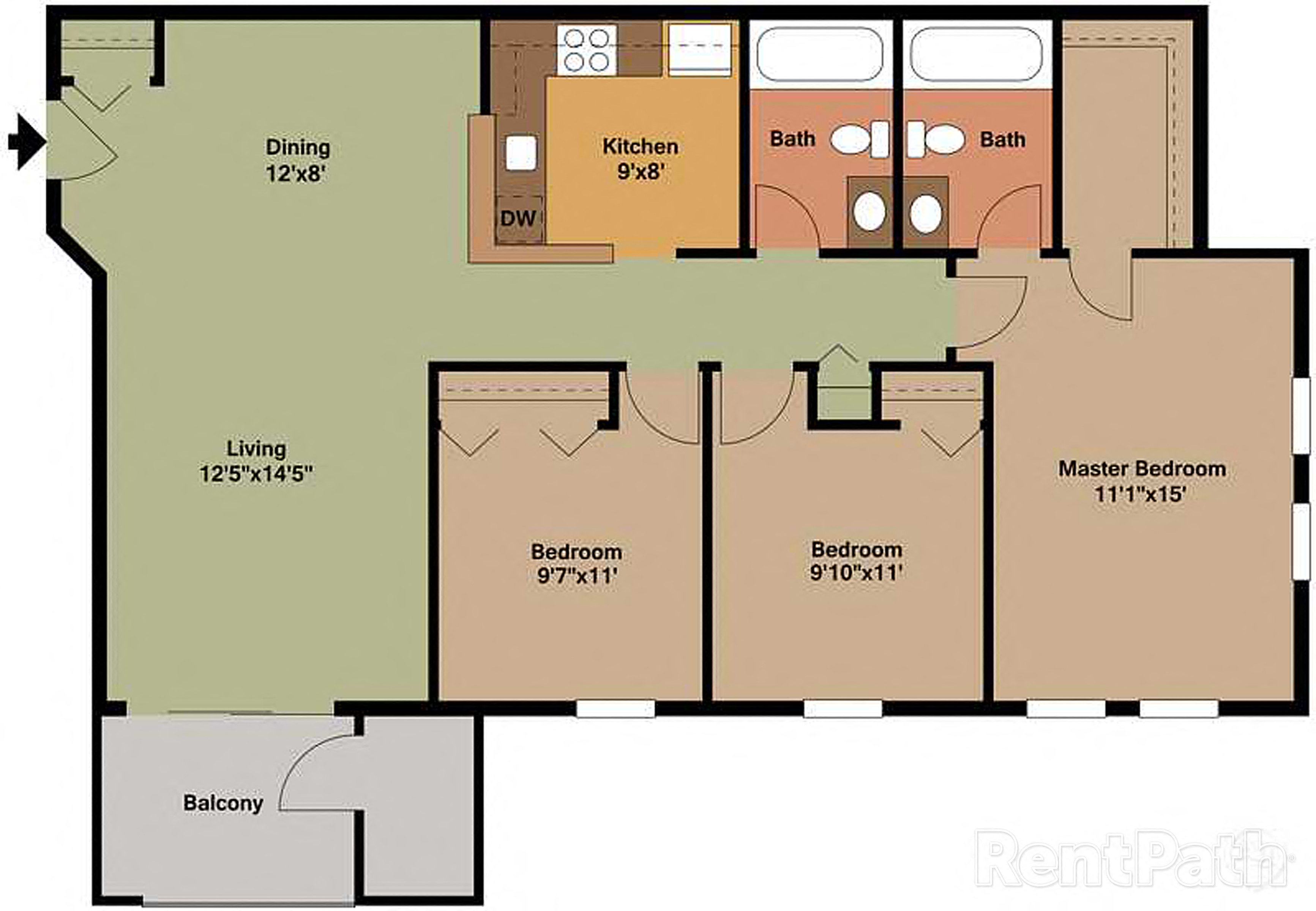 3 Bedroom 2 Bath 2D Floorplan, Clarendon Court Apartments Arlington, VA