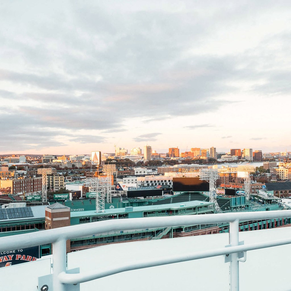 a view of the city skyline from the top of a cruise ship