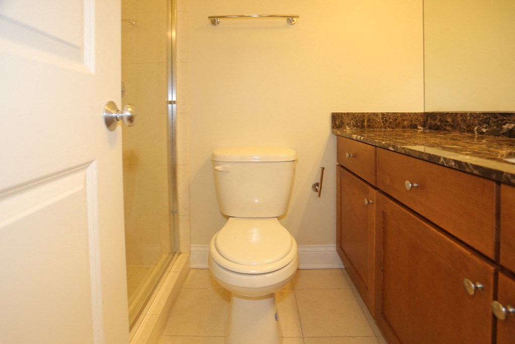 a bathroom with a toilet and a shower