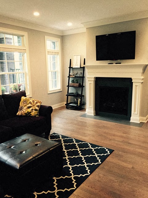 a living room with a fireplace and a television