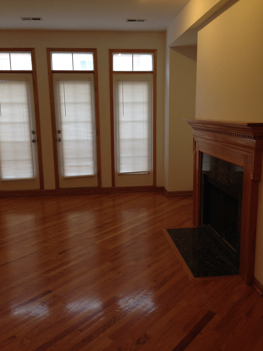 a living room with a wood floor and a fireplace