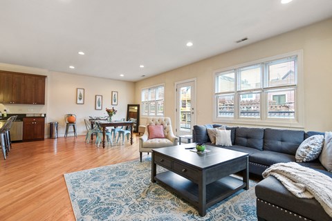 a living room with a couch and a coffee table