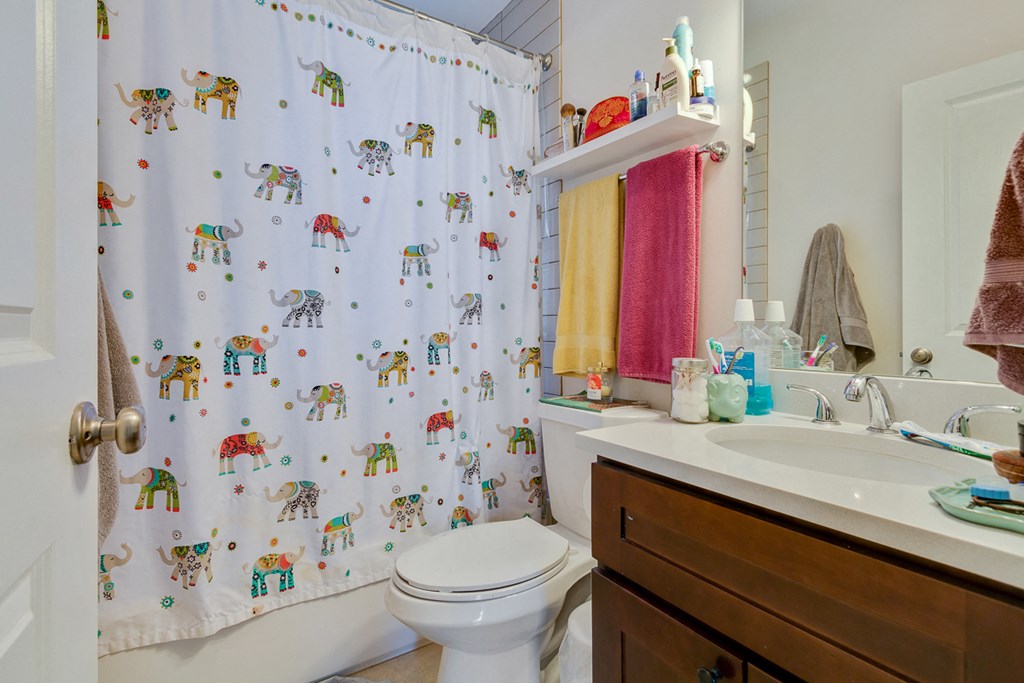 a bathroom with a shower curtain and a sink and a toilet