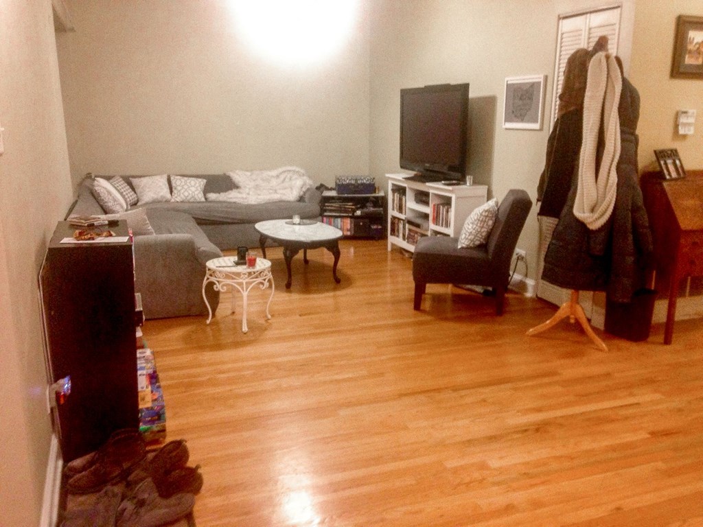 a living room with a wooden floor and a couch and a tv