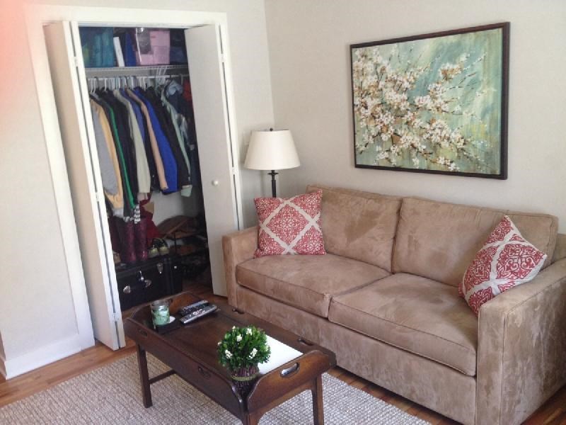 a living room with a couch and a closet