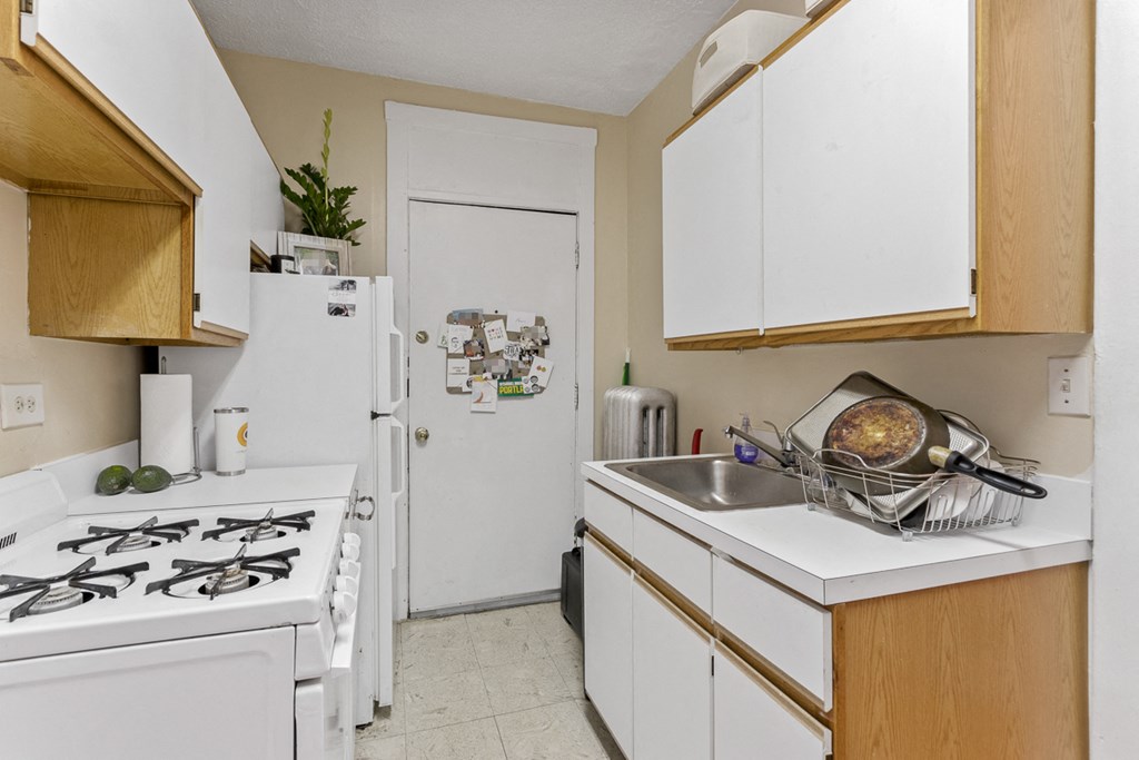 a kitchen with a stove and a sink and a refrigerator