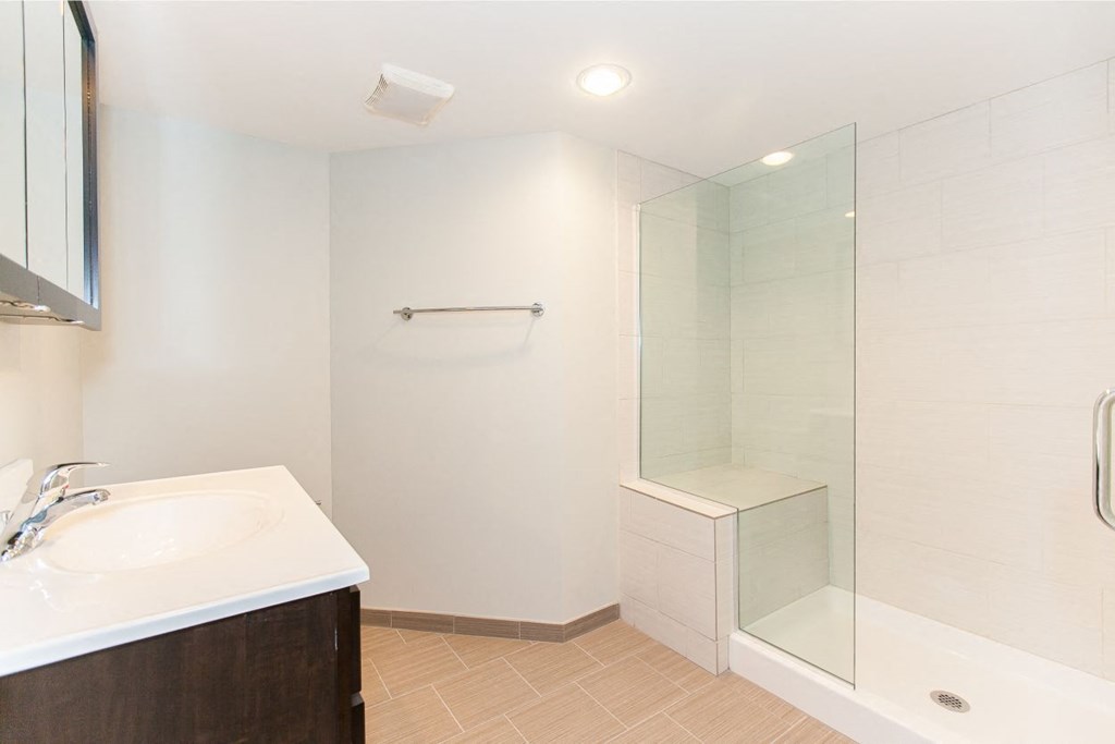 a bathroom with a shower and a sink