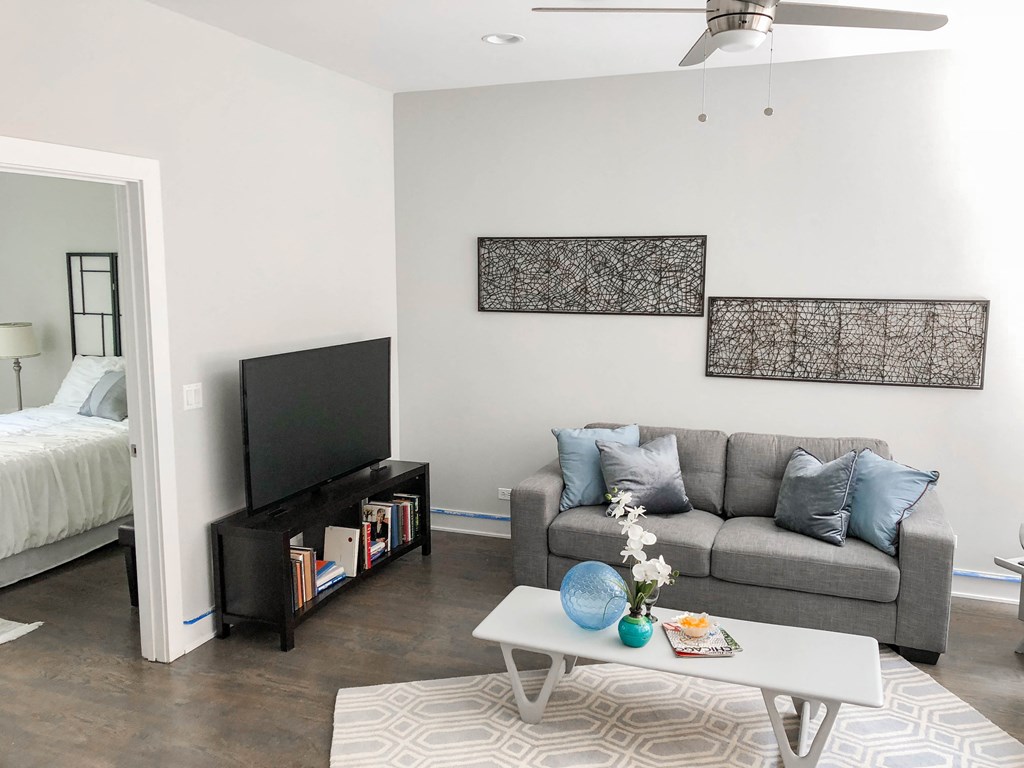 a living room with a couch and a television