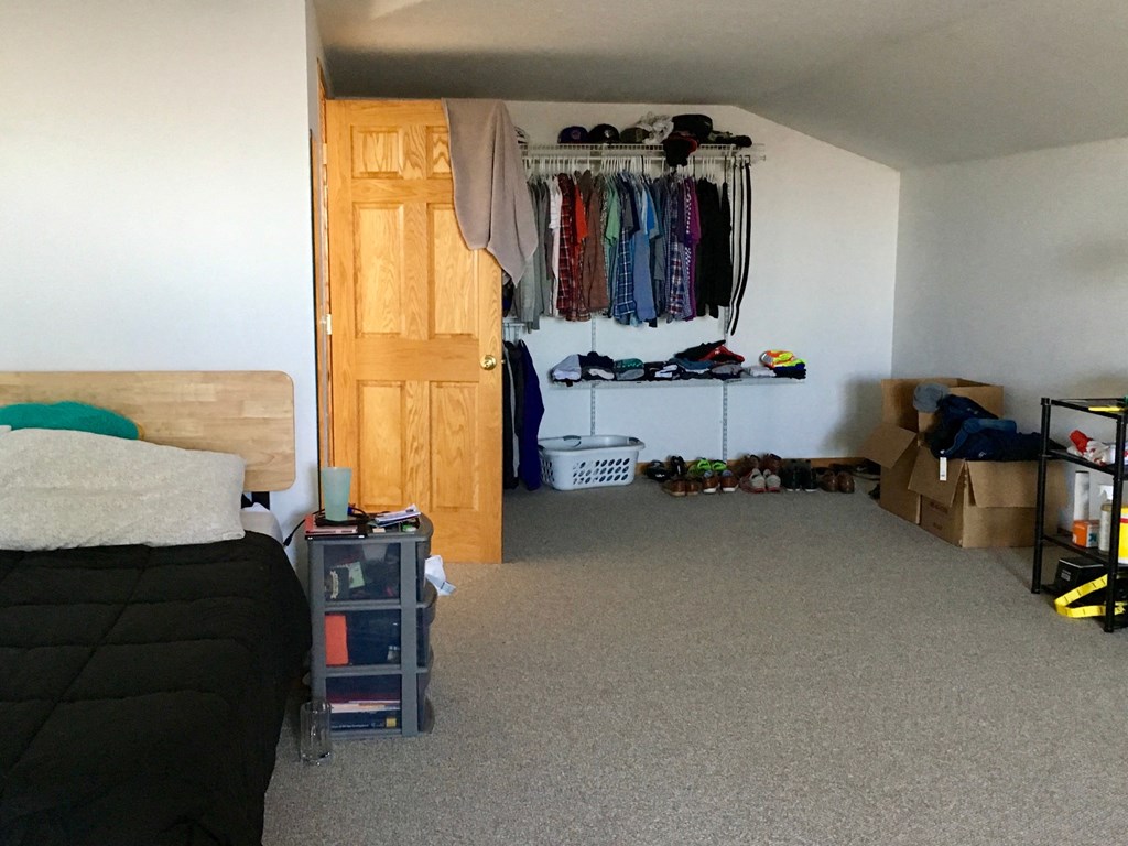 a bedroom with a closet and a bed and a closet with clothes hanging in it