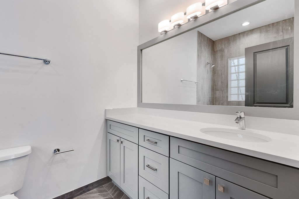 a bathroom with a large mirror and a sink and a toilet