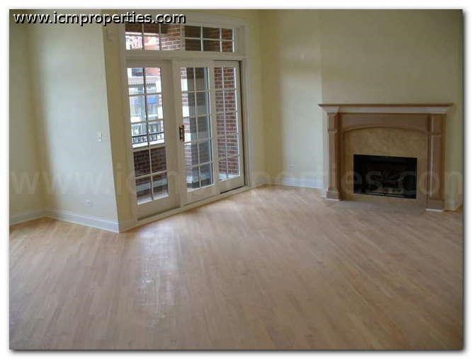 a living room with a wood floor and a fireplace
