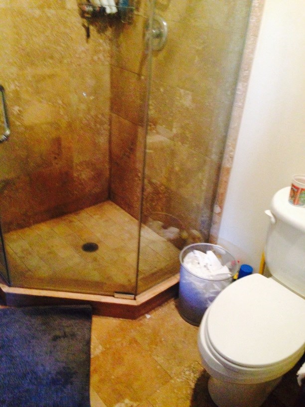 a bathroom with a toilet and a shower