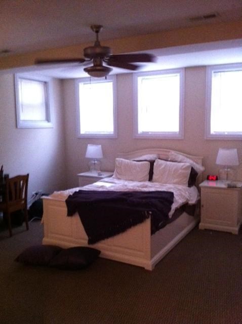 a bedroom with a bed and a ceiling fan