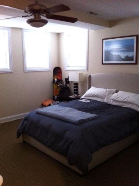 a bedroom with a bed and a ceiling fan