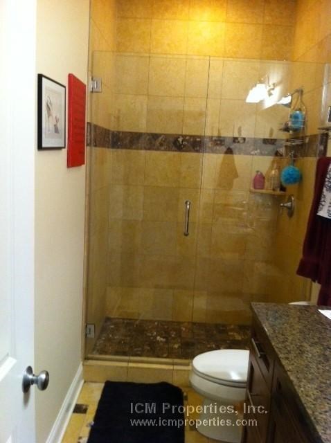 a bathroom with a shower and a toilet