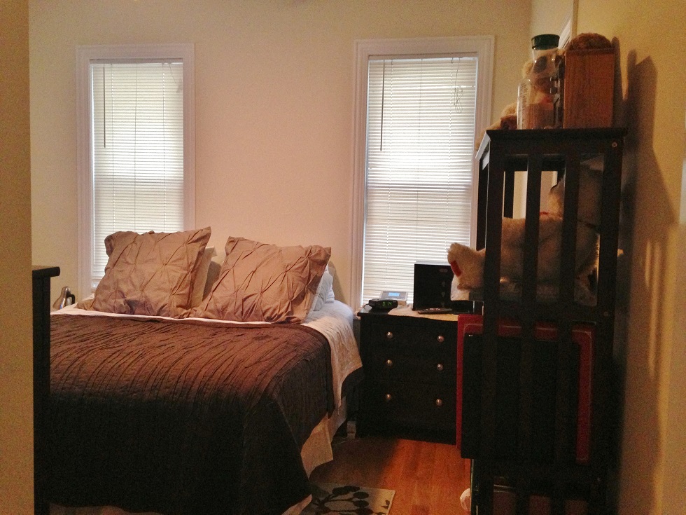 a bedroom with a bed and a dresser and two windows