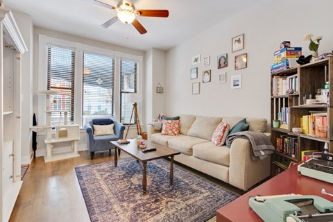 a living room with a couch and a coffee table