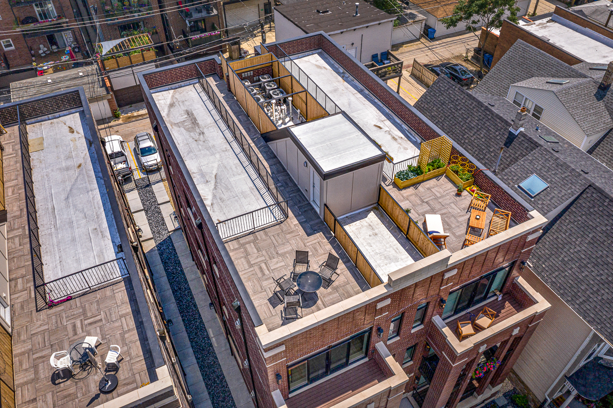 a view of the roof of a building from above