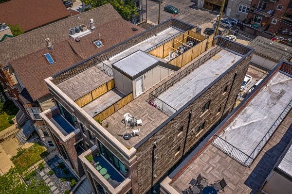 an aerial view of the roof of a building