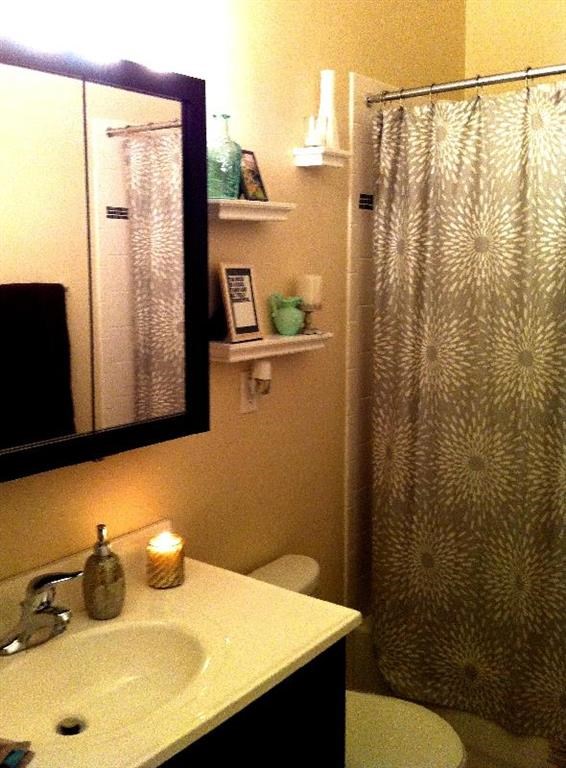 a bathroom with a sink and a mirror and a shower