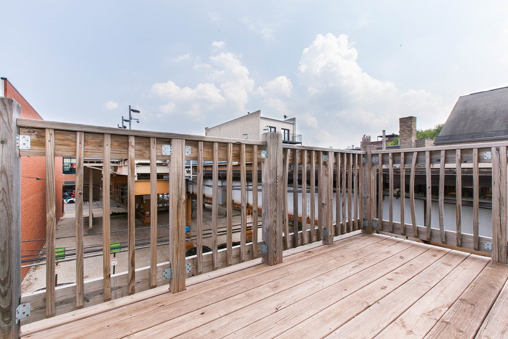 the deck has a view of the river and the city