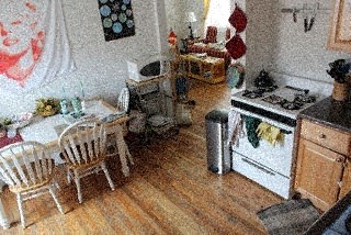 a kitchen with a stove and a table and chairs