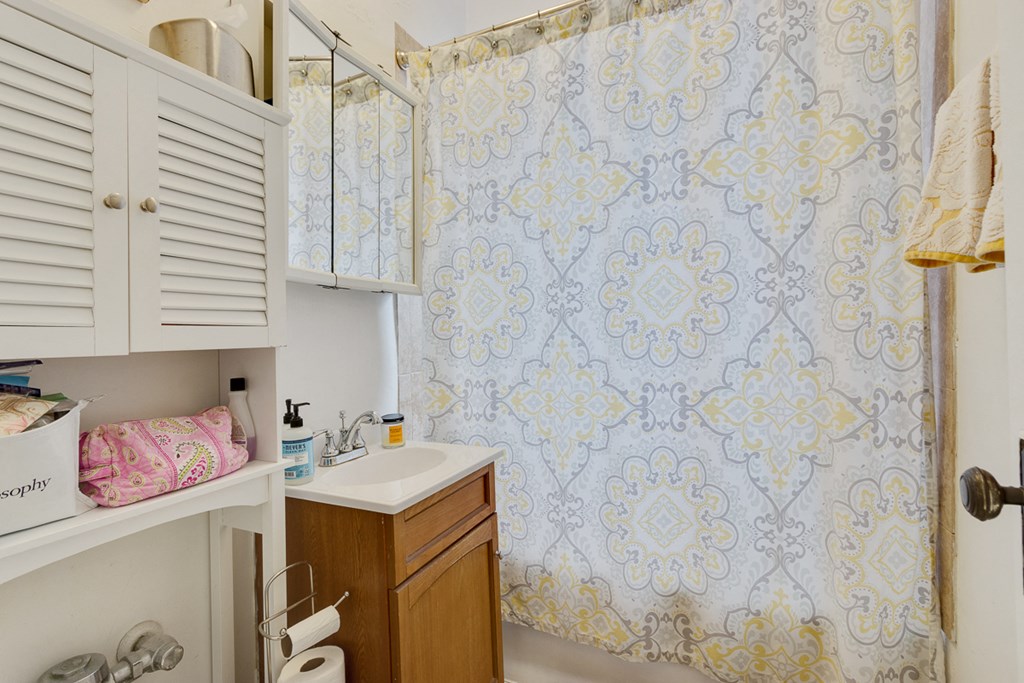 a small bathroom with a sink and a shower curtain