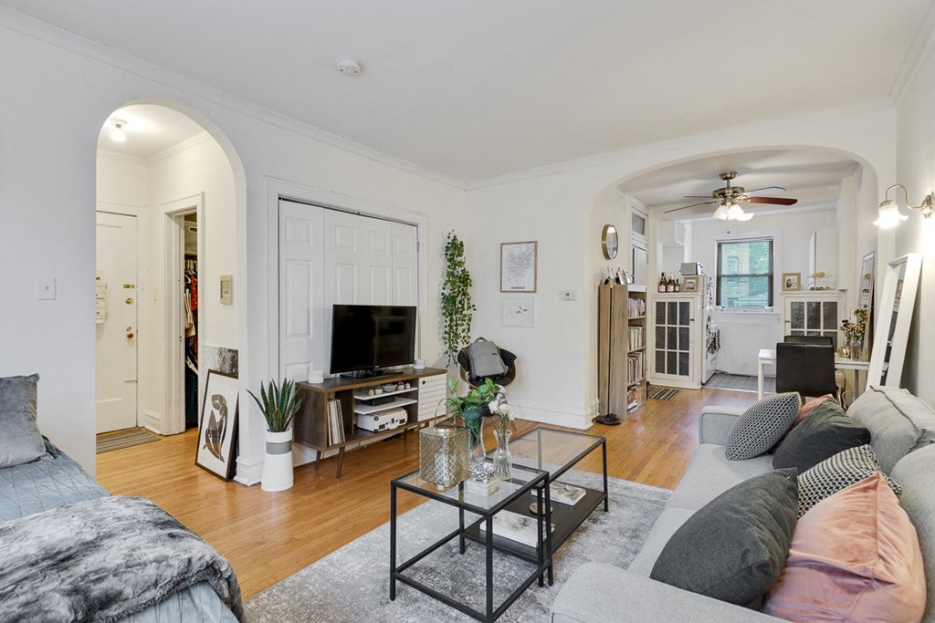 a living room with a couch and a coffee table