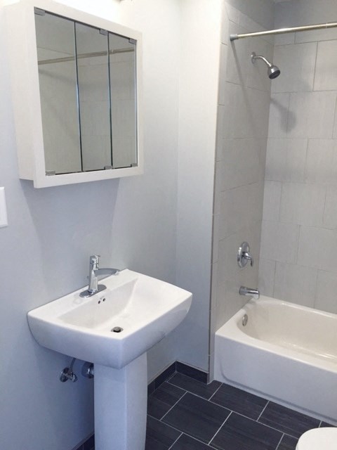 a bathroom with a sink and a shower and a mirror