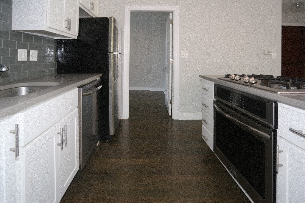 a kitchen with a stove and a refrigerator and a sink