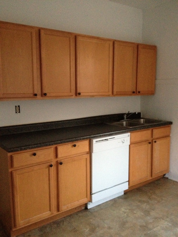 a kitchen with wooden cabinets and a white dishwasher