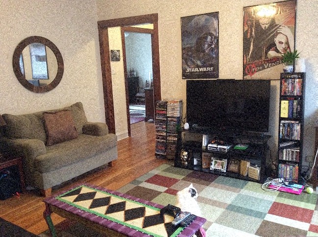a living room with a checkered rug and a television