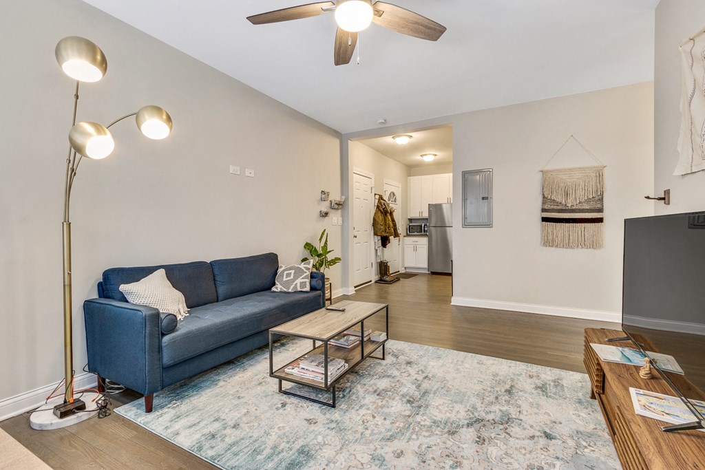 a living room with a couch and a coffee table