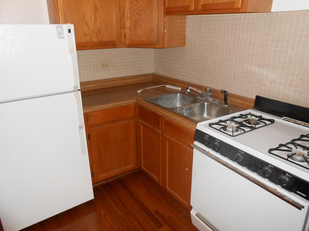 a kitchen with a stove and a sink and a refrigerator