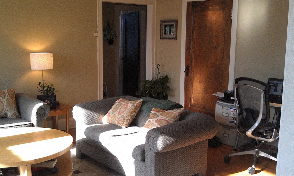 a living room with a couch and a chair