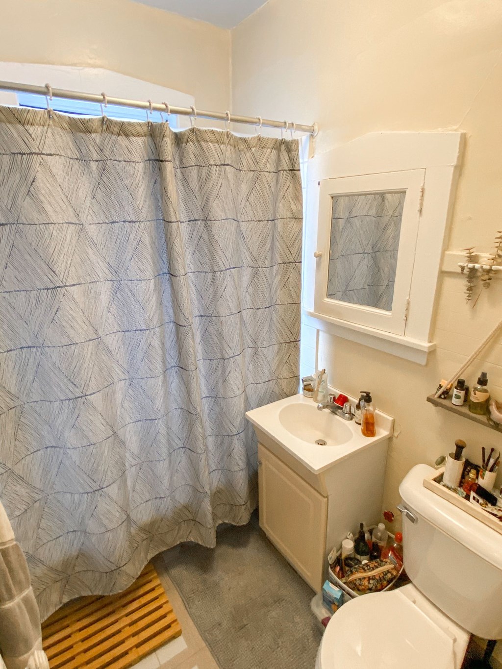 a bathroom with a shower curtain and a sink and a toilet